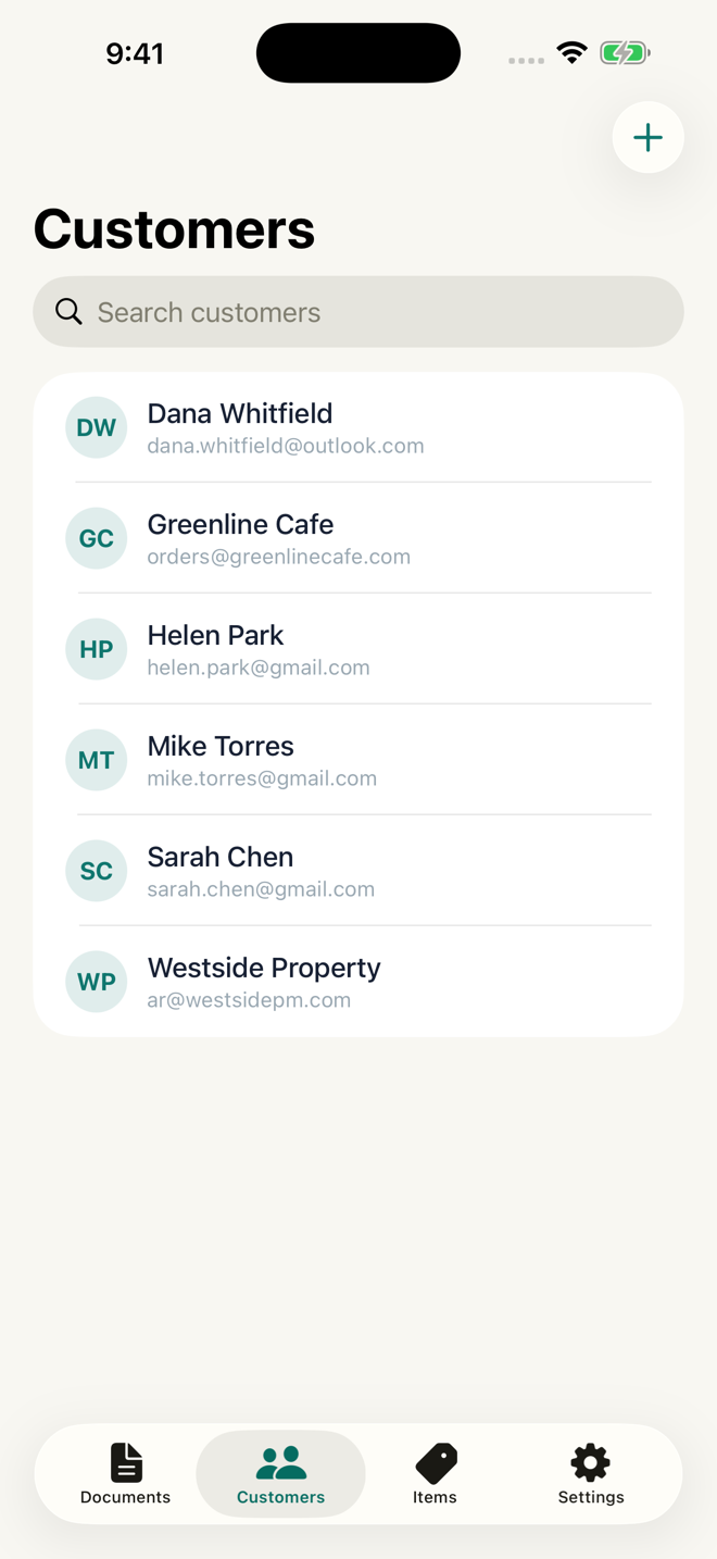 The Customers list in Paid: saved customer names and emails with a search field at the top.