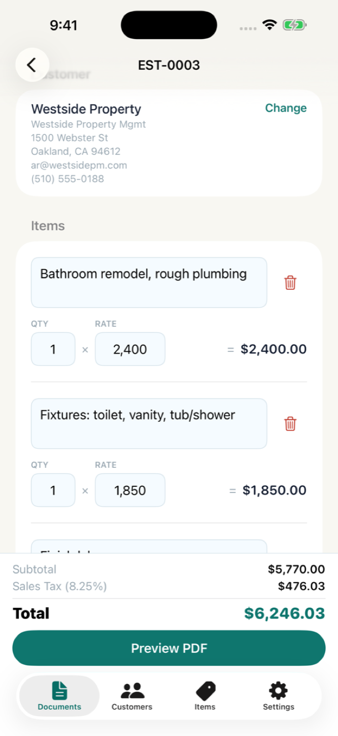The estimate editor in Paid: a customer block showing Westside Property, line items with quantity times rate for a bathroom remodel including rough plumbing at $2,400 and fixtures at $1,850, sales tax at 8.25%, total $6,246.03, and a Preview PDF button.