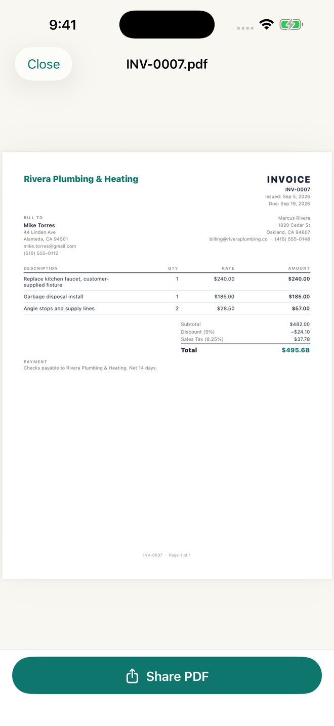 The invoice PDF Paid produces