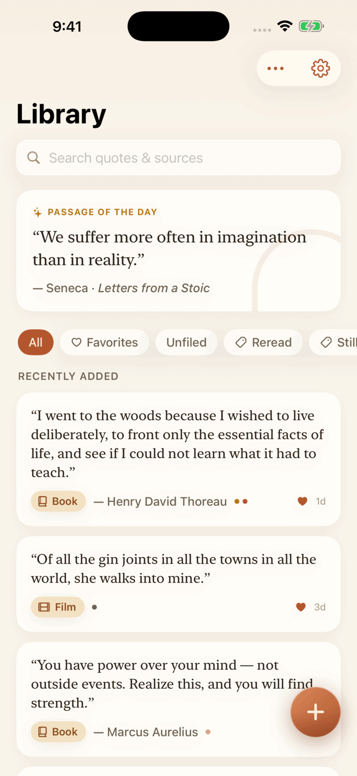The Passage app on an iPhone, showing the Library screen: a search box, a Passage of the Day card with a line from Seneca, filter chips, and a list of saved quotes from Thoreau and Marcus Aurelius, each with its author and source.